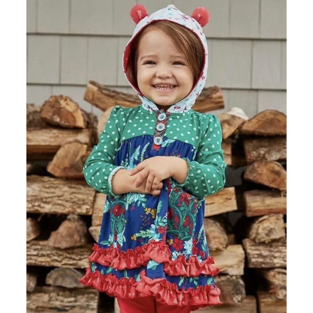Matilda Jane Holiday Bear Girls Dress Set Hooded Floral Ruffle Bloomer 12-18 mos